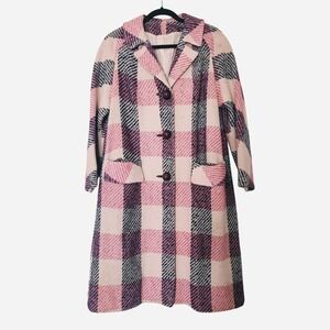 Vintage Retro 70s 80s Plaid Wool Coat Pink Blue Cream big Accent Buttons
